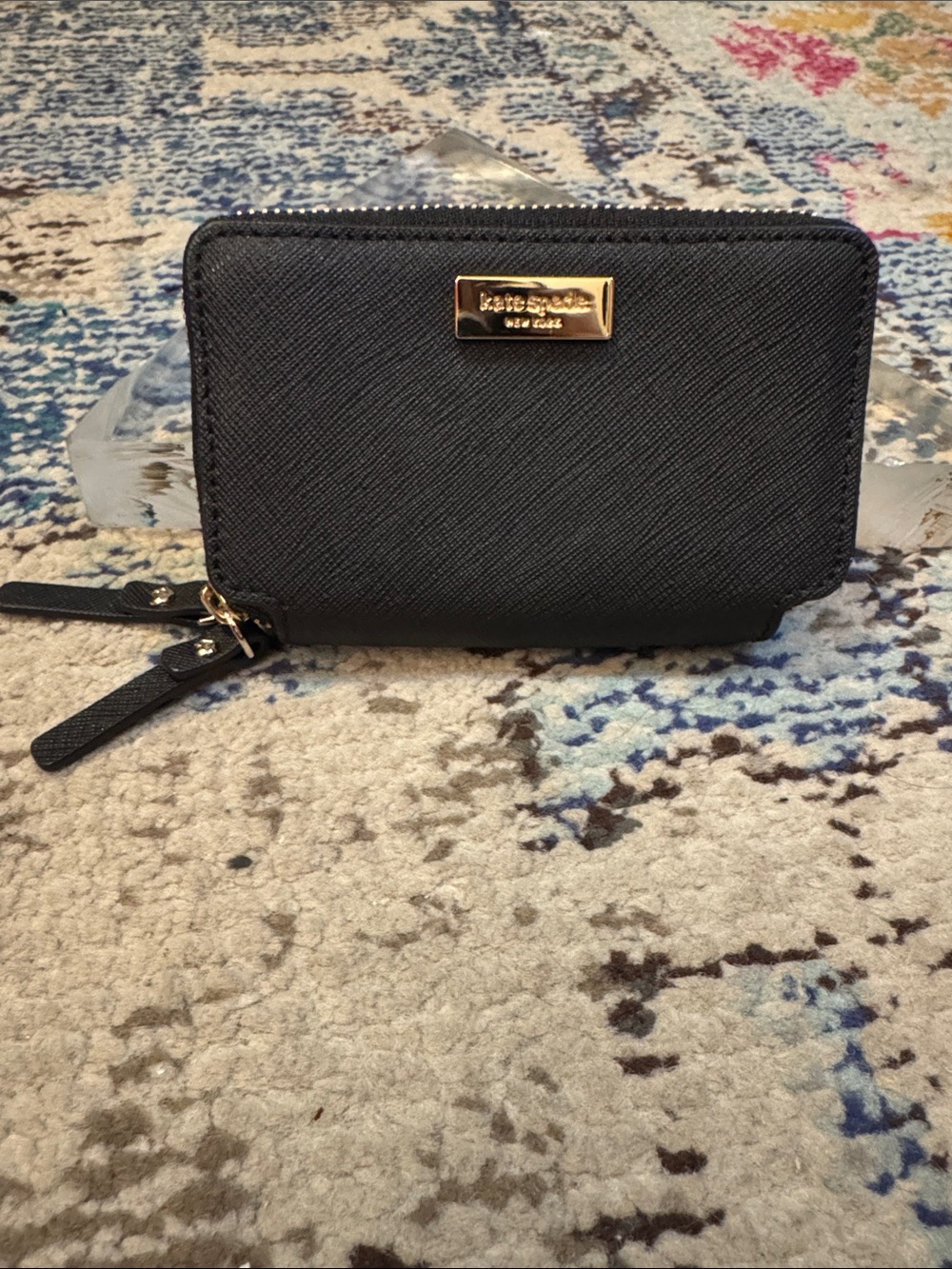 kate spade Black Saffiano Zip Wallet with Gold Plaque